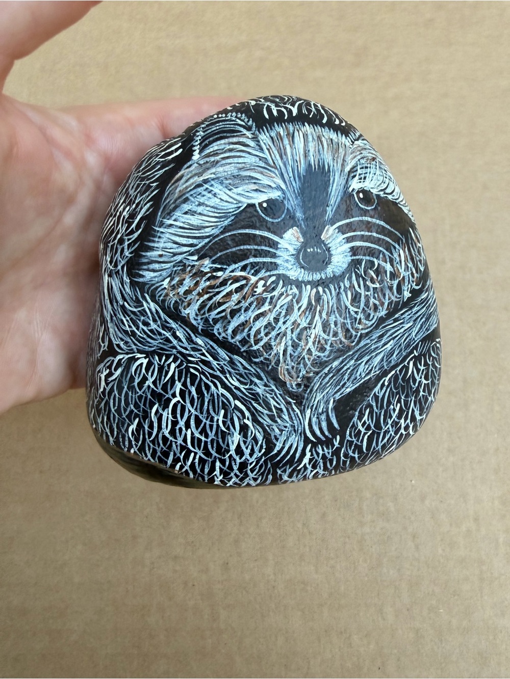 Hand-Painted Raccoon Rock Art Figurine Signed Folk Art Decor 4”